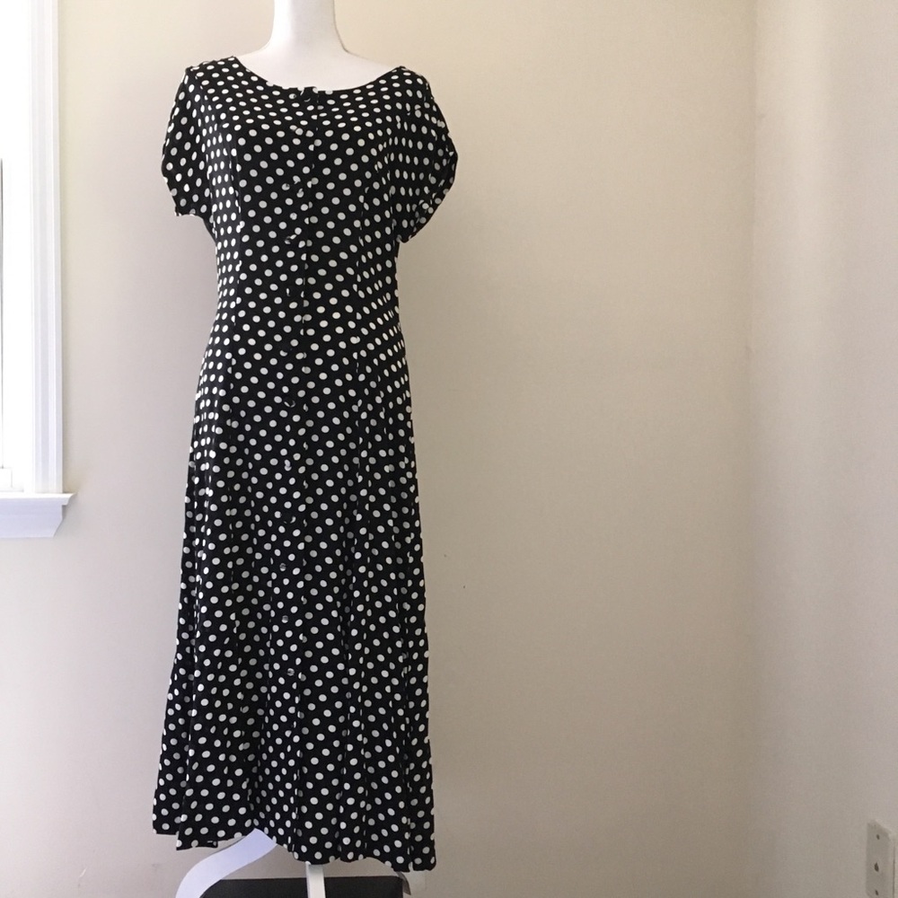 Vtg 90’s Black Polka-Dot Button-front dress 10